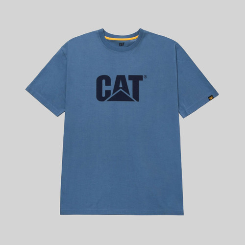 Blue t-shirt featuring a bold, black "CAT" logo in the center. The shirt has a casual feel, with short sleeves and a small tag on the left sleeve.