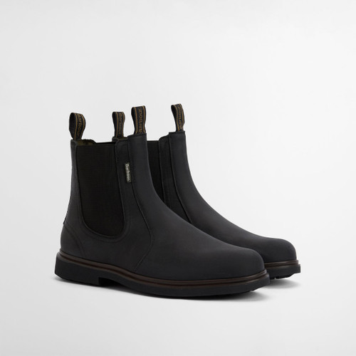 Pair of Barbour Hale Chelsea Boots in black leather, classic slip-on style with branded pull tabs