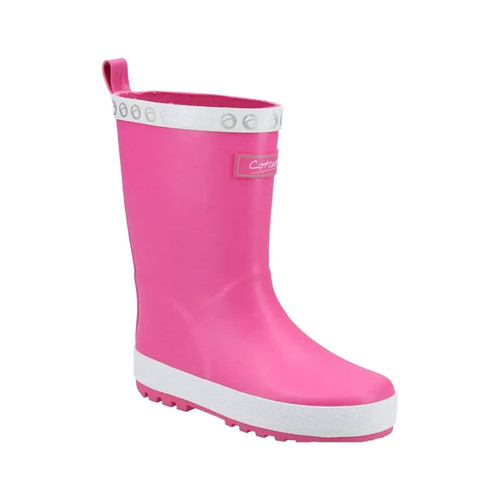 Bright pink Cotswold kids’ wellington boot with memory foam footbed and white sole.