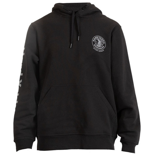 A black hoodie with a circular logo on the chest, featuring "Hard Yakka" text. The long sleeve has white text, and there's a front pocket.