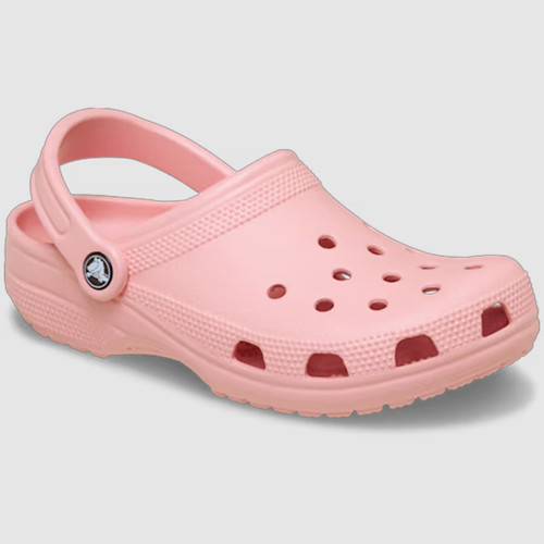 A single pink clog-style shoe with ventilation holes, a textured upper, and an adjustable strap, set against a plain light grey background.