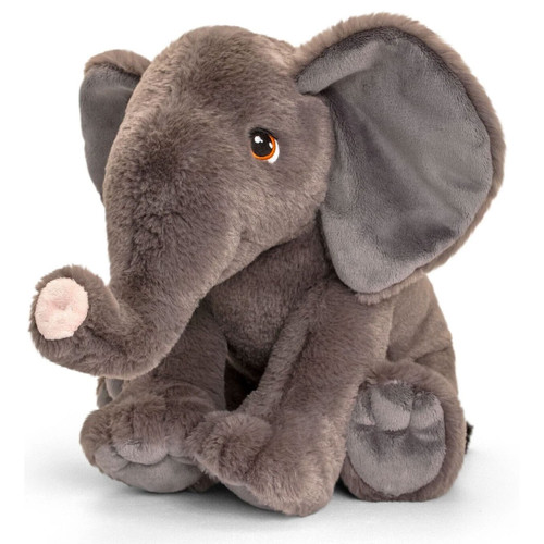 Plush grey elephant soft toy with large floppy ears, brown embroidered eyes and a cute raised trunk, cuddly eco-friendly stuffed animal.