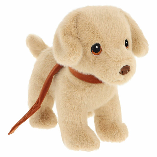 Golden Labrador puppy plush toy with floppy ears and brown collar, soft cuddly dog stuffed animal for children.