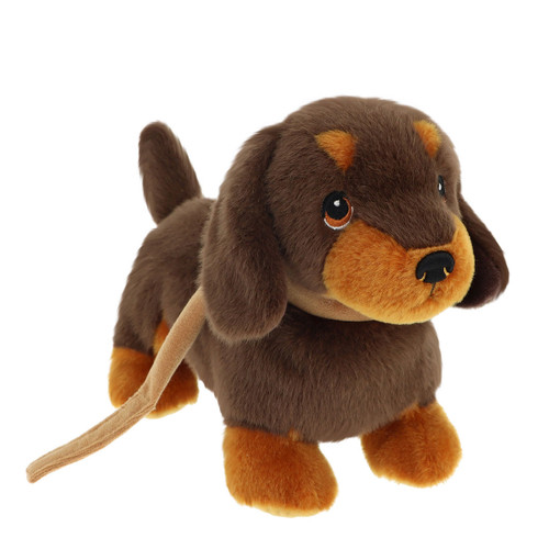 Brown Dachshund sausage dog plush toy with floppy ears and tan accents, soft cuddly stuffed animal with lead.