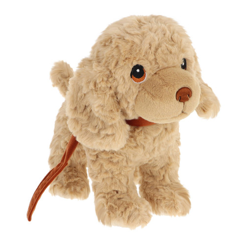 Fluffy light brown Poodle plush toy with curly fur, floppy ears and soft cuddly design, adorable stuffed dog.