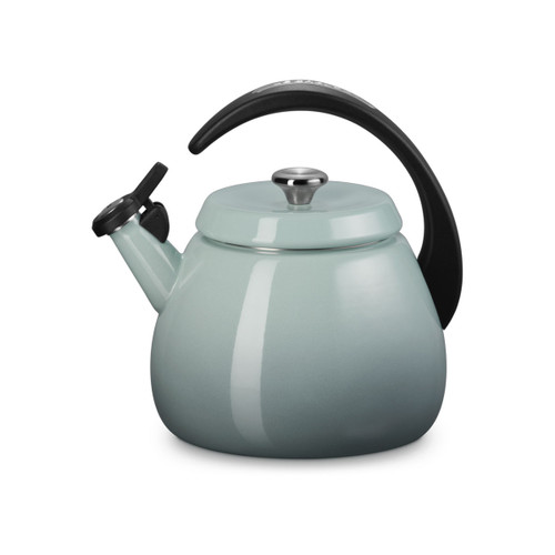 A side view of a light blue kettle with a black handle.