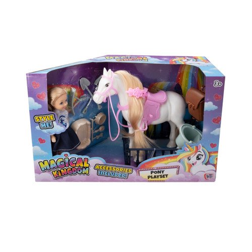 Magical Kingdom Pony Playset toy box with blonde doll, white pony with pink saddle, and grooming accessories, suitable for ages 3 and up.