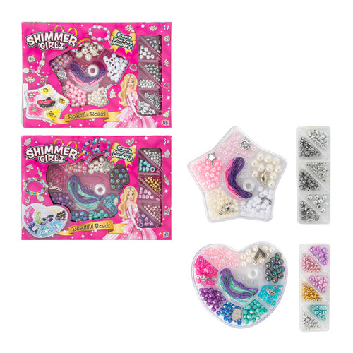 Shimmer Girlz Beautiful Beads jewellery making kits in pink packaging with assorted colourful beads and accessories for children.