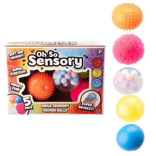 Oh So Sensory Mega Squish Balls 5 pack in colourful packaging, featuring soft and stretchy fidget balls for children aged 3 and up.