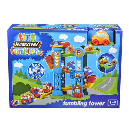 Tiny Teamsterz Tumbling Tower playset in packaging with colourful tower, ramps and soft-touch car for toddlers.