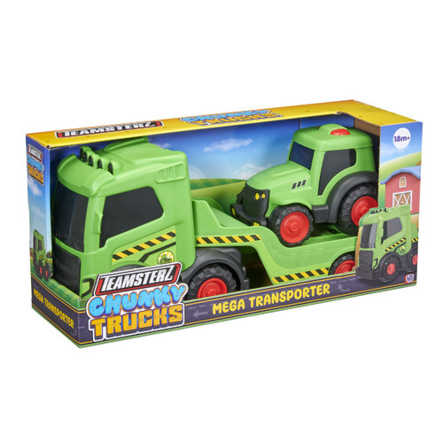 Teamsterz Chunky Trucks Mega Transporter toy in packaging, featuring large green transporter truck carrying green tractor with red wheels, suitable for toddlers 18 months and up.