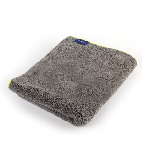 A view of a grey microfibre car drying cloth on a white background