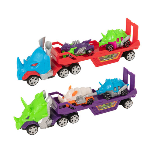 Colourful rhino-headed transporter trucks carrying small dinosaur-themed cars, part of the Beast Machines Beast Mover playset.