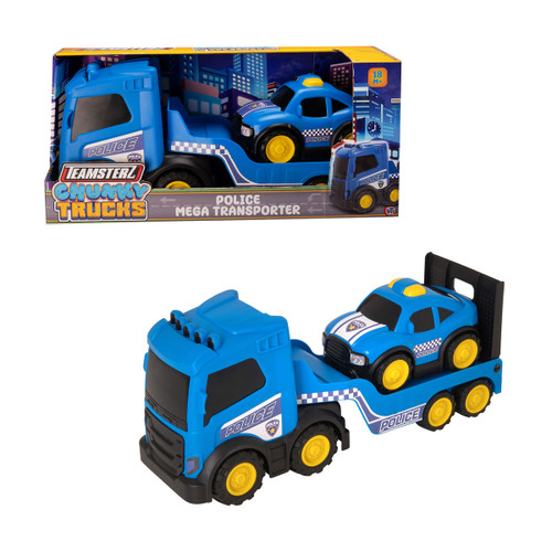 Teamsterz Chunky Trucks Police Mega Transporter toy truck with detachable police car, suitable for toddlers aged 18 months and above.