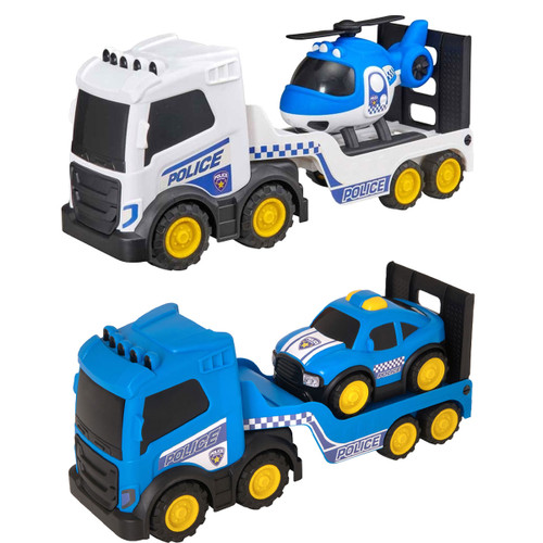 Blue and white toy police transporter truck carrying  police helicopter and police car, with chunky yellow wheels and durable plastic design for children's imaginative play.