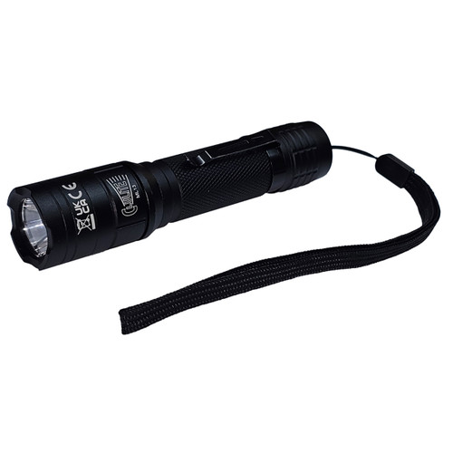 A black handheld torch with textured grip and wrist strap, featuring a single lens. Emphasizes practicality and sleek, modern design.