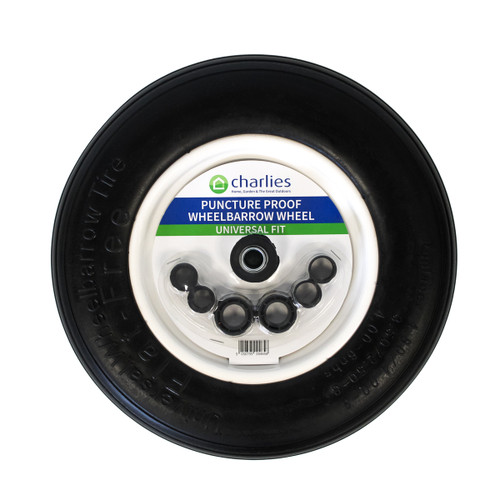 A view of a puncture-proof wheelbarrow wheel on a white background