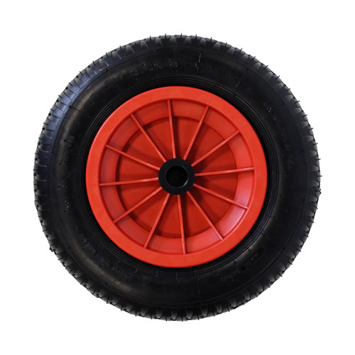Pneumatic wheel with black rubber tyre, red plastic hub and central axle hole for garden trolleys and wheelbarrows.