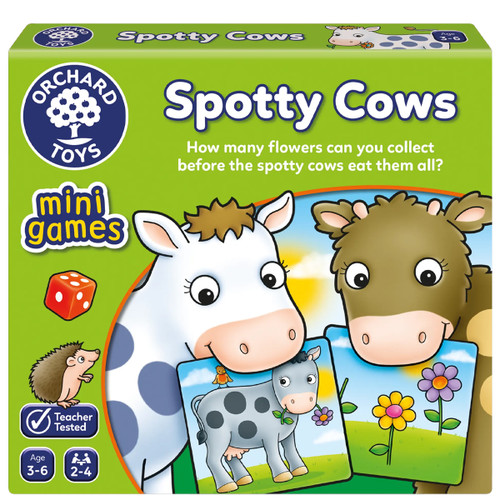 Green box for "Spotty Cows" game by Orchard Toys, featuring cartoon cows and flowers. Includes age range 3-6, for 2–4 players, with vibrant and playful design.