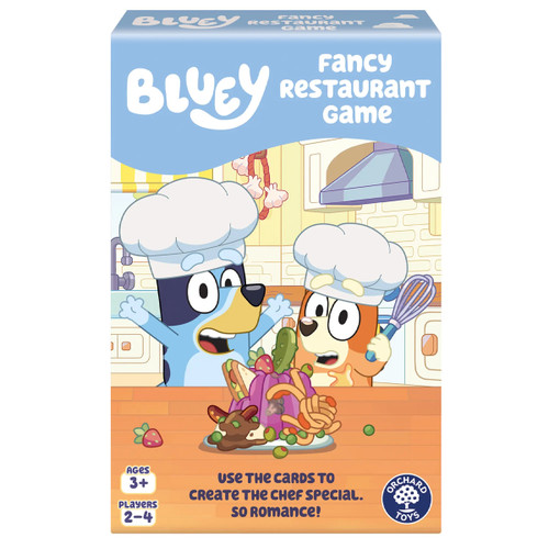 Cover of "Bluey: Fancy Restaurant Game" featuring two cartoon dogs in chef hats. They joyfully prepare a colourful dish. Text highlights game details.