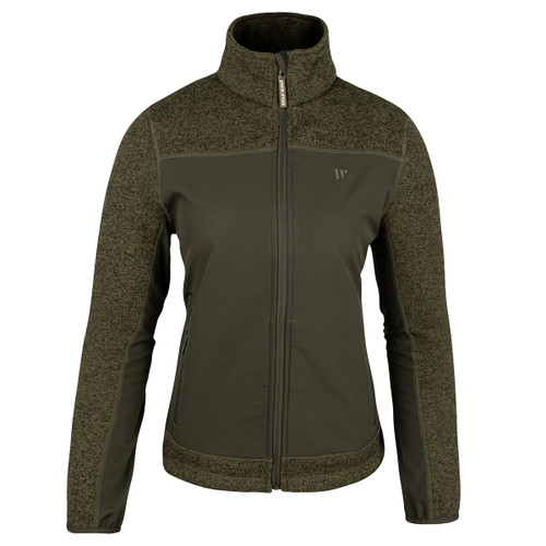 Women’s green hybrid full-zip jacket with high collar, contrasting knitted panels and two zipped side pockets.