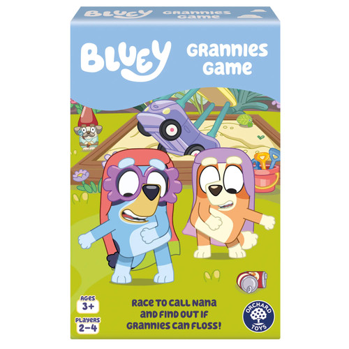 A box of "Bluey Grannies Game" shows two cartoon dog characters wearing costumes, excitedly dancing in a backyard. Text: "Race to call Nana!" Fun, playful tone.
