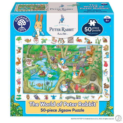 The image shows a colourful 50-piece jigsaw puzzle box featuring "The World of Peter Rabbit" by Beatrix Potter. The illustrated scene includes Peter Rabbit and friends near a pond with lush greenery. The playful design and vibrant colours evoke a cheerful and whimsical tone. Suitable for ages 4 and up. The image shows a colourful 50-piece jigsaw puzzle box featuring "The World of Peter Rabbit" by Beatrix Potter. The illustrated scene includes Peter Rabbit and friends near a pond with lush greenery. The playful design and vibrant colours evoke a cheerful and whimsical tone. Suitable for ages 4 and up.