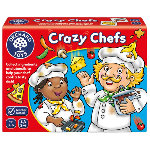 "Colourful 'Crazy Chefs' game box featuring two smiling chefs in stained outfits, holding a pot and pan. Ingredients like cheese and tomatoes float around. Fun and playful design."