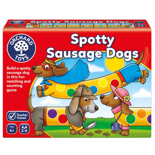 Colourful board game box titled "Spotty Sausage Dogs" by Orchard Toys. Features cartoon sausage dogs in playful outfits and detective theme, vibrant polka dots.