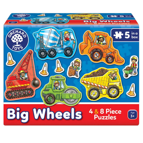 Colourful puzzle box featuring cartoon construction vehicles and workers wearing helmets. Includes images of cement mixer, digger, and crane. Suitable for ages 3+.
