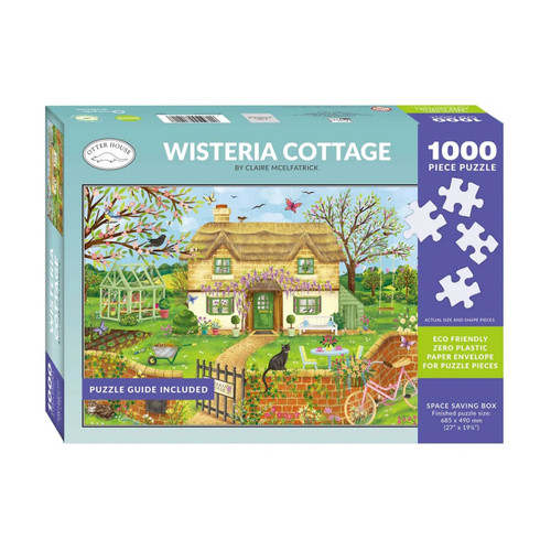 Otter House Wisteria Cottage 1000 piece jigsaw puzzle in eco-friendly box featuring a charming country cottage garden illustration.