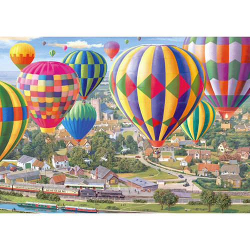 Colourful hot air balloon festival jigsaw puzzle showing vibrant balloons floating over an English village with trains, canal boats and countryside scenery.