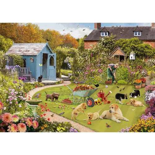 Charming countryside garden jigsaw puzzle featuring playful puppies, colourful flowers, a gardener, and a cosy cottage scene.