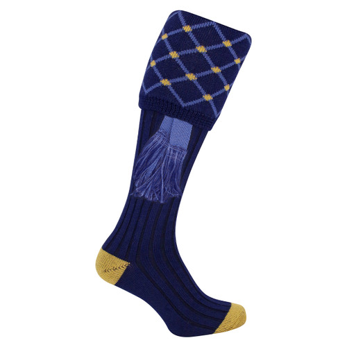 A view of a navy pair of shooting socks on a white background
