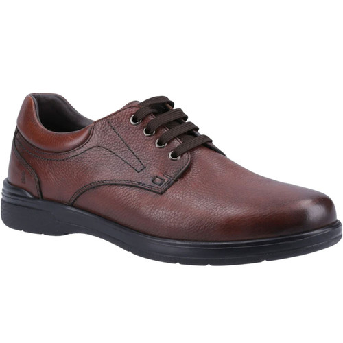 Men’s brown leather lace-up shoe with black sole and textured finish – smart casual footwear.