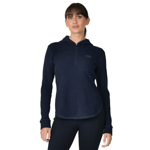 Women's navy marl long sleeve hooded top with half zip front, lightweight activewear layer.