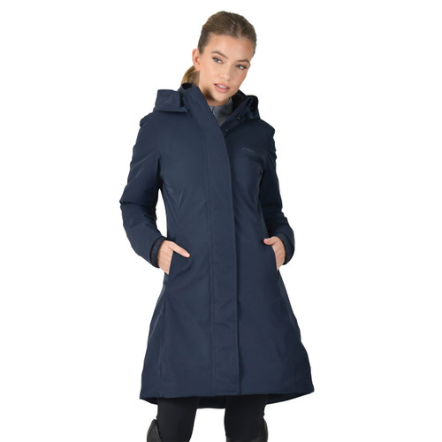 Women’s longline equestrian jacket in navy with hood, full-length zip and concealed placket, styled with front pockets.
