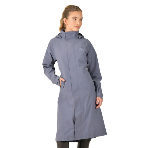 Front view of women’s longline riding jacket in steel blue with hood