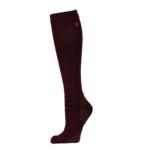 Burgundy knee-high riding sock with cushioned sole and reinforced heel, designed for comfort and durability in equestrian wear.