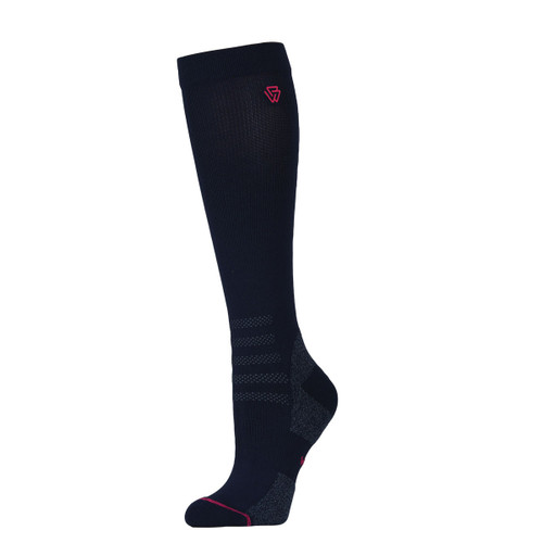 Navy knee-high riding sock with cushioned sole, reinforced heel, and pink logo detail for comfort and support.