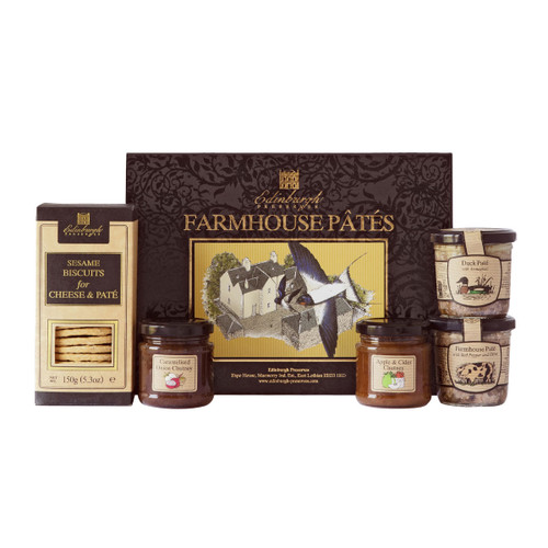 Edinburgh Preserves Farmhouse Pâtés gift set with sesame biscuits, duck pâté, farmhouse pâté, and chutneys in a black presentation box.