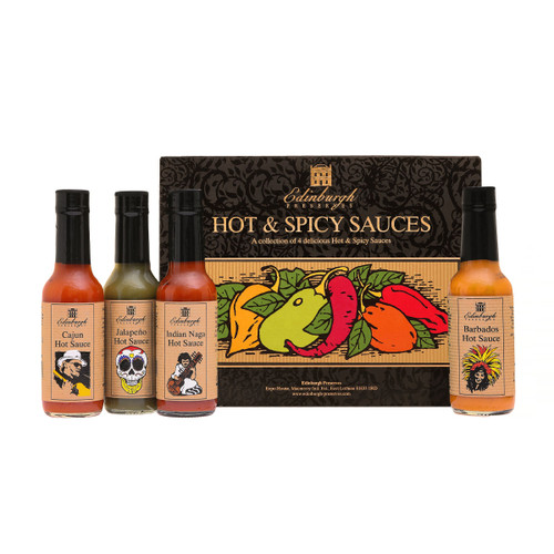 Edinburgh Preserves Hot and Spicy Sauces gift set with four bottles including Cajun, Jalapeño, Indian Naga and Barbados hot sauces.