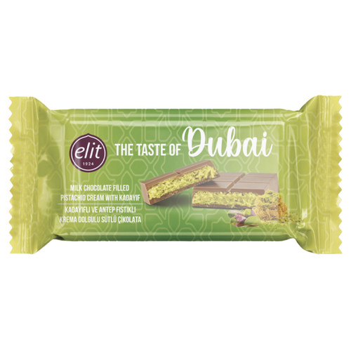 Elit The Taste of Dubai chocolate bar 90g, milk chocolate filled with pistachio cream and crunchy kadayif, wrapped in green packaging with Middle Eastern inspired design.