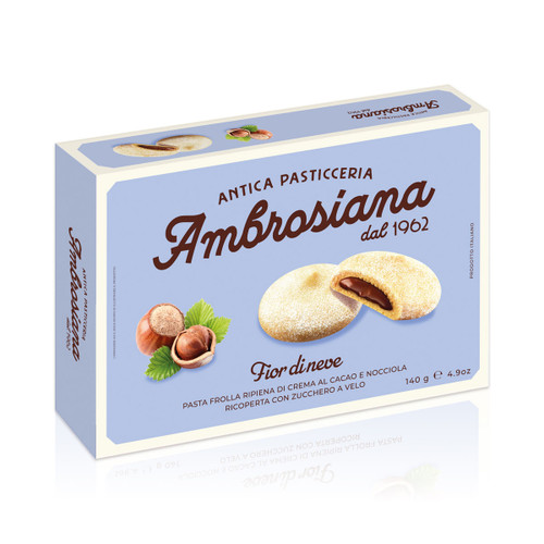 Ambrosiana Fior di Neve biscuits 140g, Italian shortcrust pastry filled with rich cocoa and hazelnut cream, dusted with icing sugar, in a light blue box.