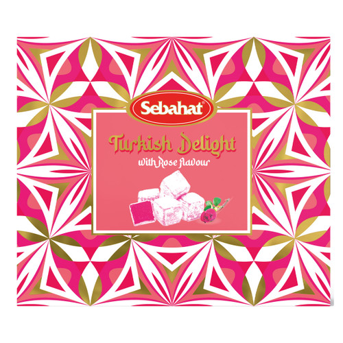 Sebahat Turkish Delight 540g gift box with rose flavour, featuring soft pink cubes dusted with icing sugar on vibrant pink and gold patterned packaging.