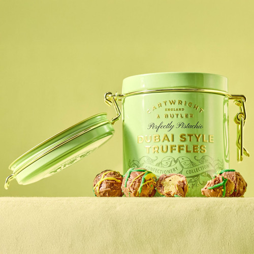 Cartwright & Butler Dubai Style Pistachio Truffles in luxury green clip-top tin with rich pistachio-filled chocolate truffles.