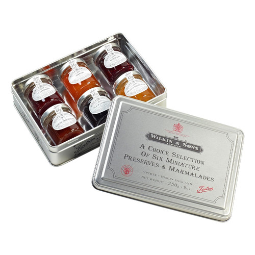 A view of a selection gift tin of preserves and marmalades in a silver in on a white background