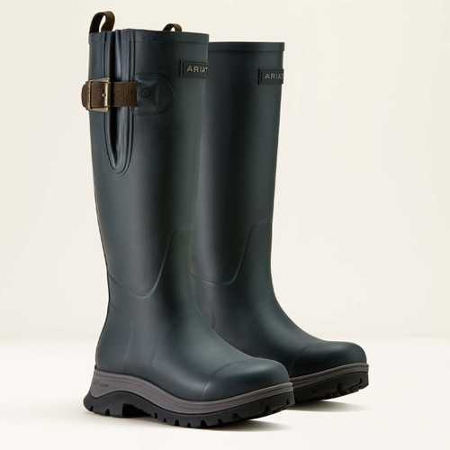 A pair of dark navy rubber boots with adjustable straps and sturdy black soles. The boots stand upright against a plain light background.