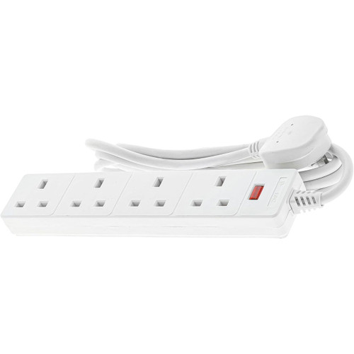White 4-socket extension lead with power switch and UK plug, coiled cable.