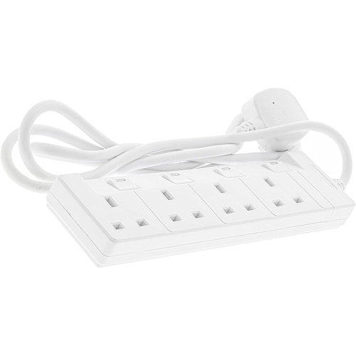 White 4-gang extension lead with power switch and white cable neatly coiled.